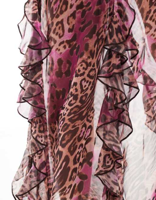 Miss Selfridge ruffle tiered midi skirt in leopard print, 3 of 5