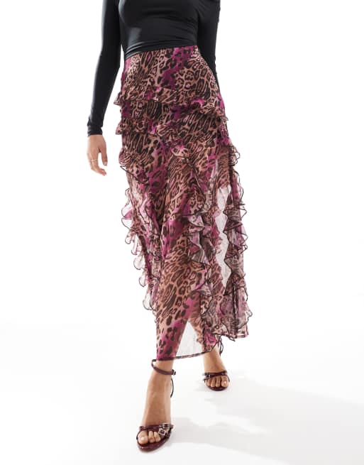 Miss Selfridge ruffle tiered midi skirt in leopard print, 4 of 5
