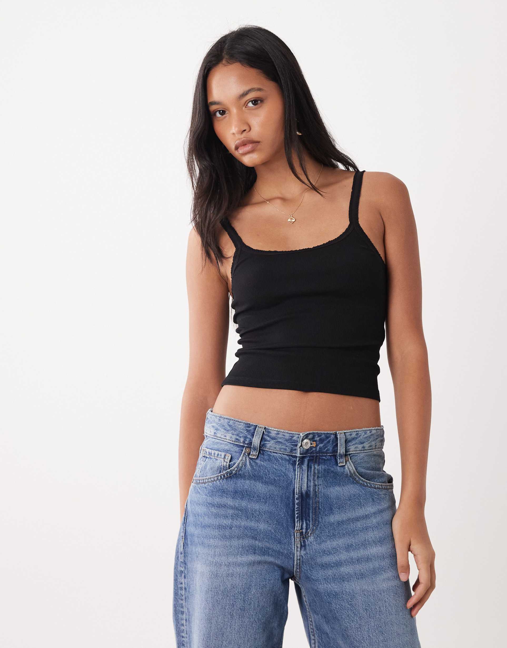 miss selfridge ruffle trim cami top in black