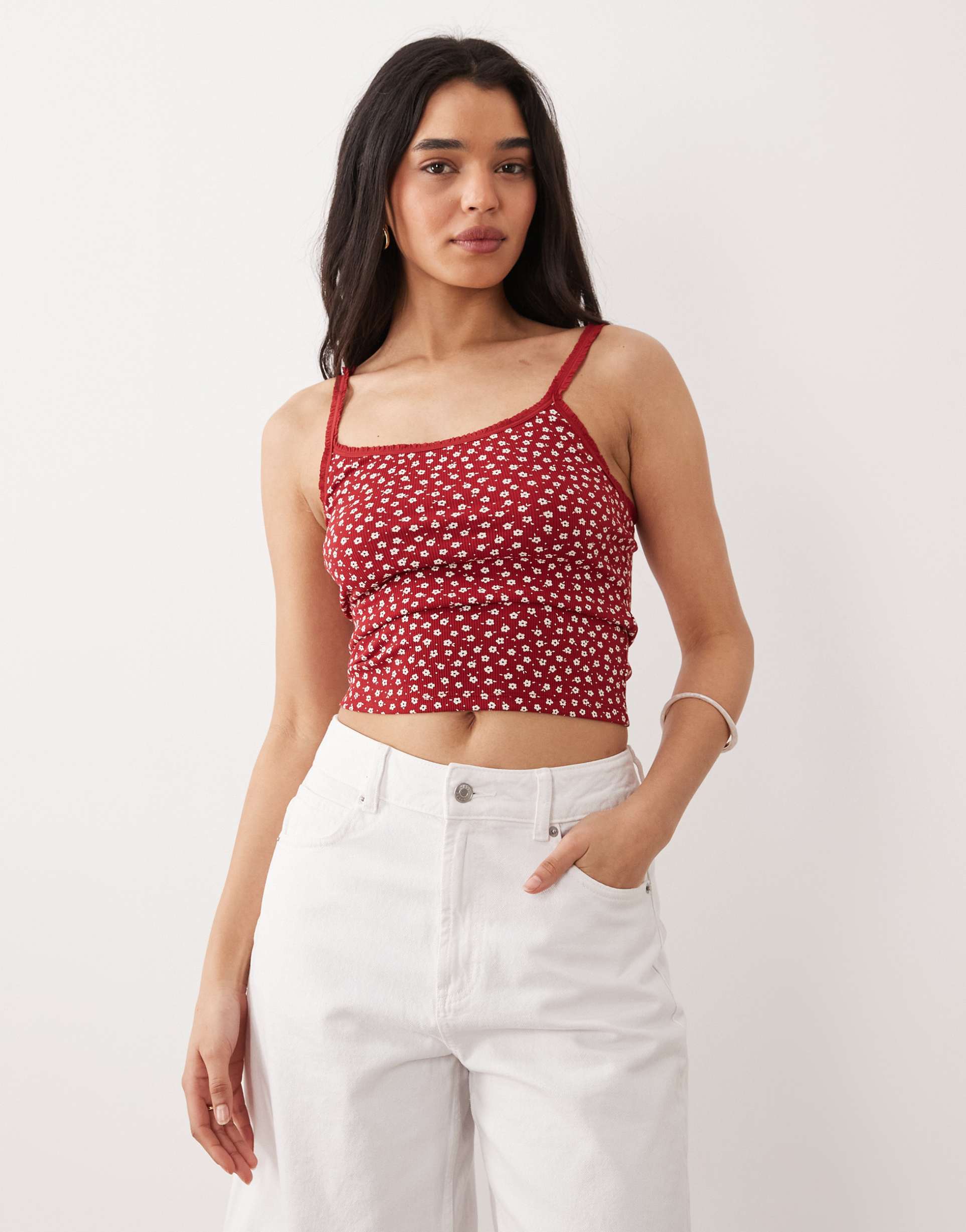 miss selfridge ruffle trim cami top in red floral print