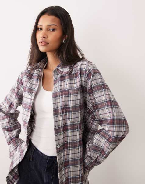 Miss Selfridge ruffle trim oversized shirt in plaid - view 1