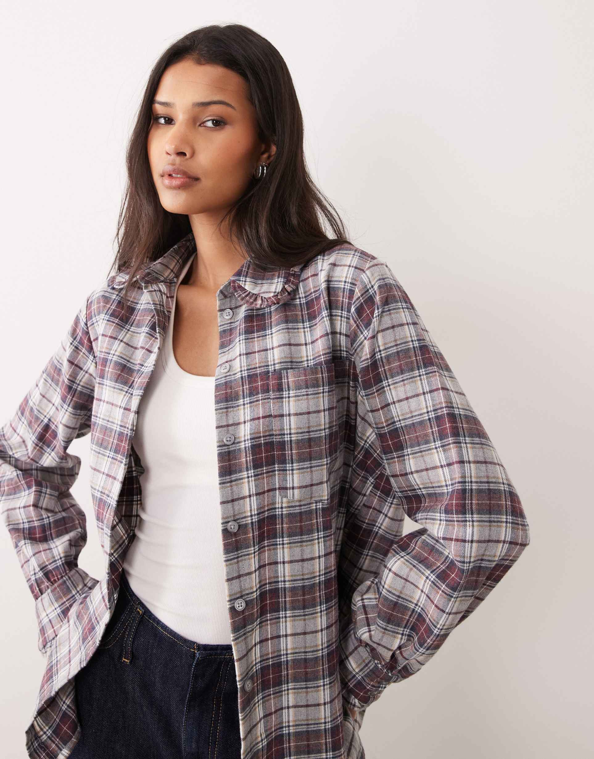 miss selfridge ruffle trim oversized shirt in plaid