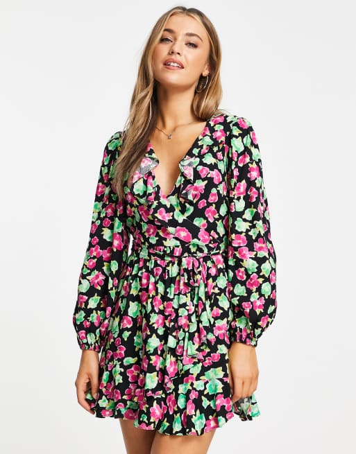 Miss Selfridge ruffle wrap tea dress in watercolor floral - BLACK | ASOS