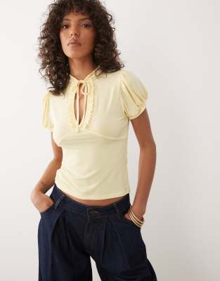 Miss Selfridge Ruffled Keyhole Top With Mandarin Collar In Yellow