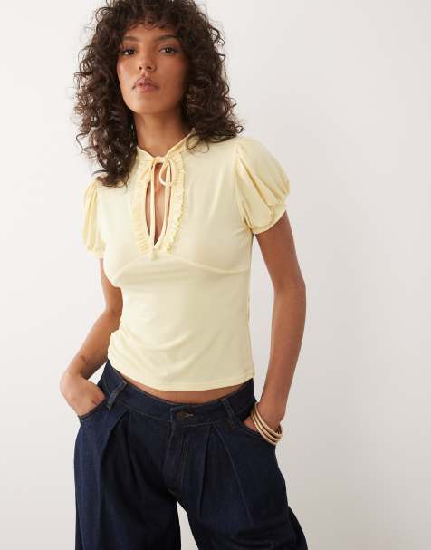 Miss Selfridge ruffled keyhole top with mandarin collar in buttermilk  - view 1