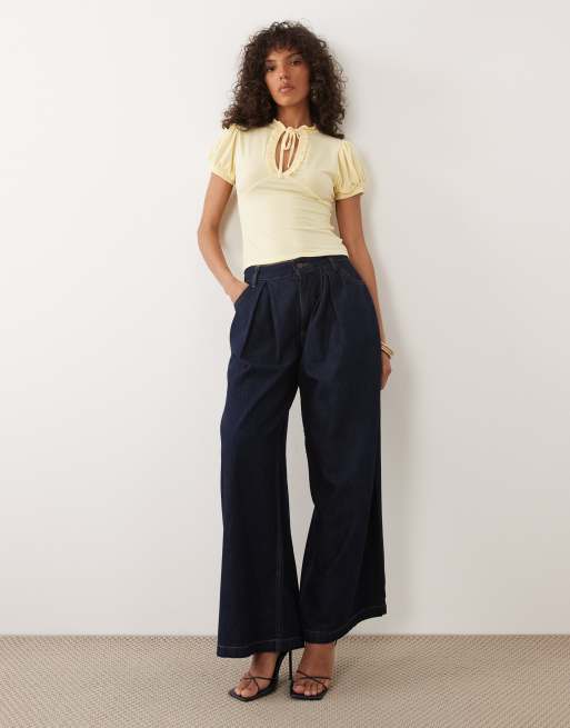 Miss Selfridge ruffled keyhole top with mandarin collar in buttermilk , 2 of 4