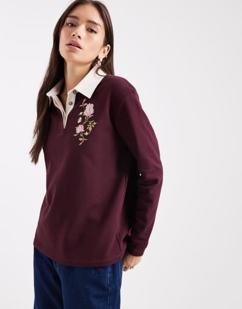 Miss Selfridge rugby shirt with embroidered floral in plum
