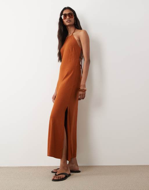 Miss Selfridge - Rustfarvet maxikjole med halterneck i hørlook, 2 af 4