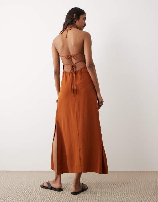 Miss Selfridge - Rustfarvet maxikjole med halterneck i hørlook, 3 af 4