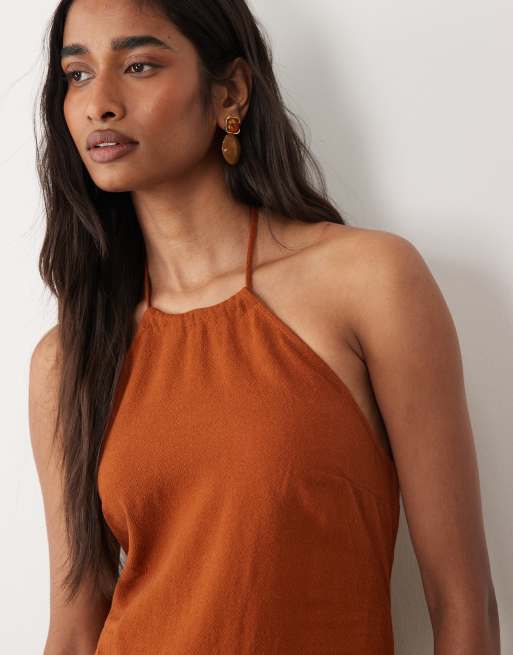 Miss Selfridge - Rustfarvet maxikjole med halterneck i hørlook, 4 af 4