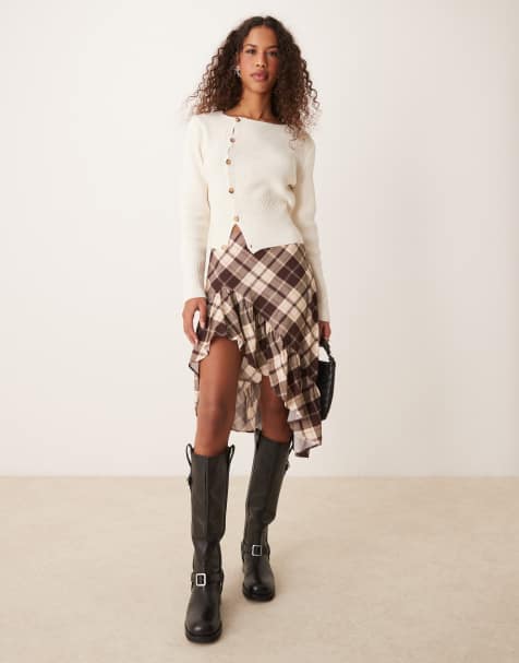 Miss Selfridge – Rutig kjol med asymmetrisk fåll och volang - view 1