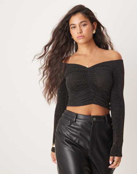 Miss Selfridge - Rynket langærmet offshoulder-top med guldglimmer - view 1