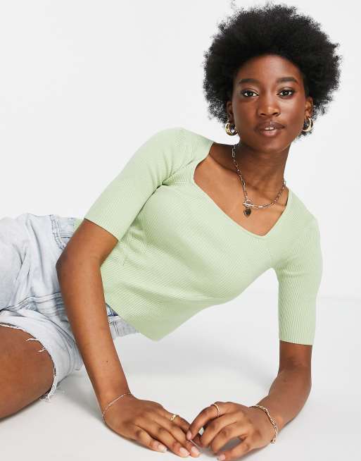 Miss Selfridge Sage Rib Knit Faux Pearl Cut Out Back Sweater ASOS