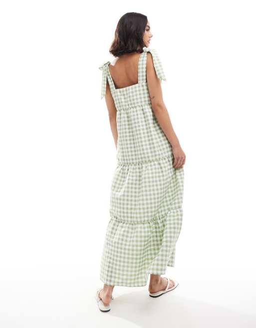 Miss Selfridge - Salviegrøn og lagdelt maxikjole med bindebånd i skuldrene og ginghamtern, 4 af 4