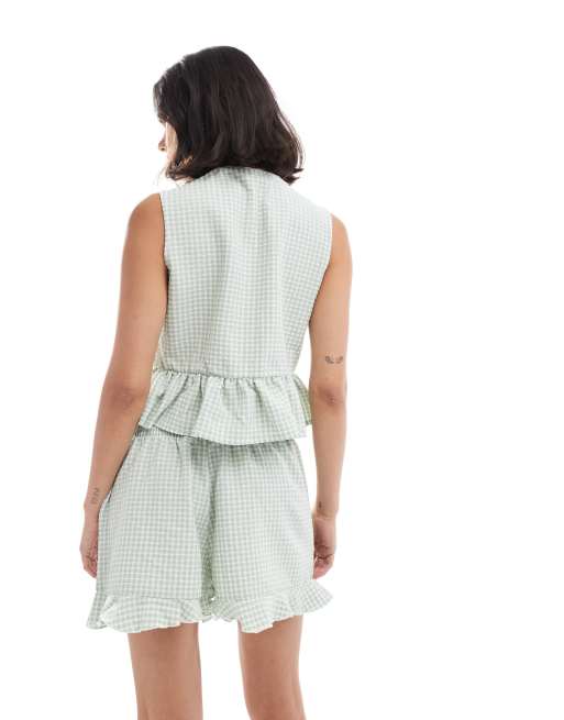 Miss Selfridge - Salviegrønne shorts med flæser og gingham-tern - Del af sæt, 4 af 4