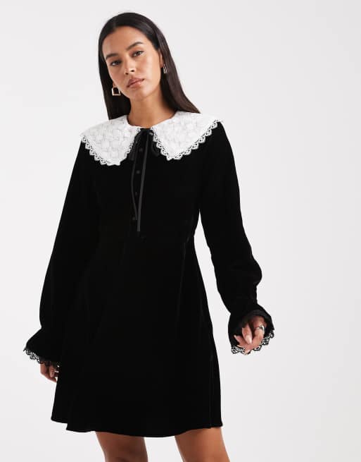 Miss Selfridge – Samt-Minikleid in Schwarz mit Kragen, 2 von 4