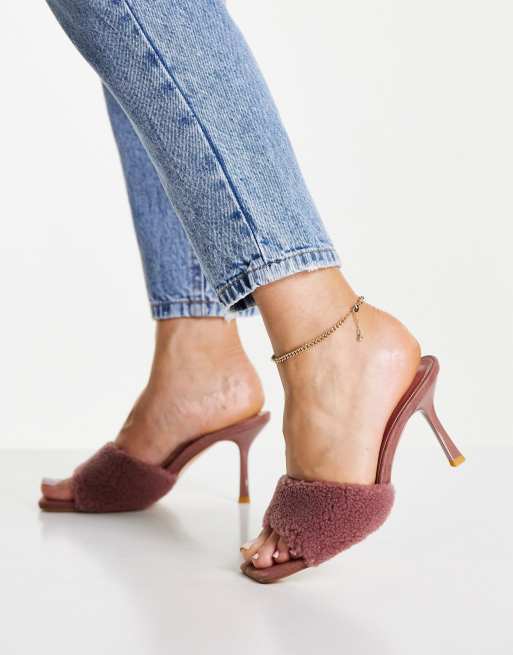 Miss Selfridge - Sandali stile sabot in montone e pile pile borg, colore rosa 