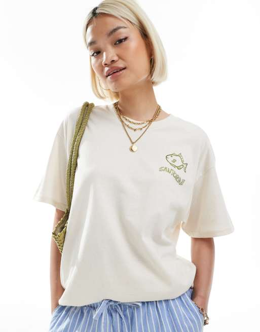 Miss Selfridge santorini girly graphic oversized tee in butter