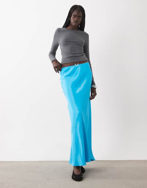 Miss Selfridge satijnen biais maxi-rok in blauw - view 1