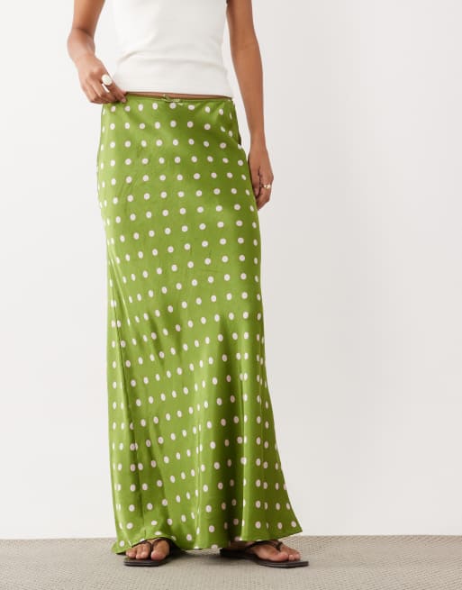 Miss Selfridge satijnen bias maxi rok met groene polkadot, 2 van 5