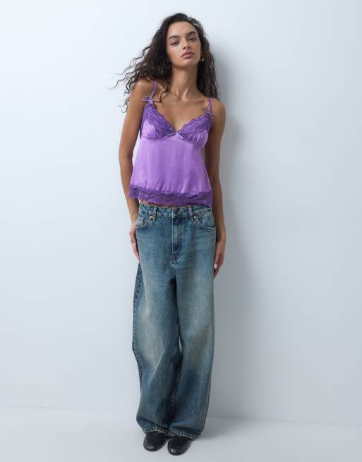 Miss Selfridge satijnen en kanten camitop in paars, 2 van 5