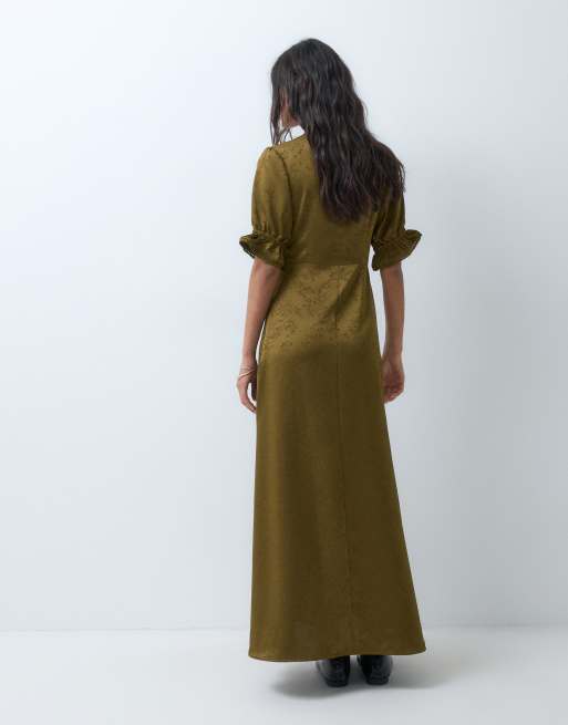 Miss Selfridge satijnen jacquard maxi jurk in olijfgroen, 2 van 5