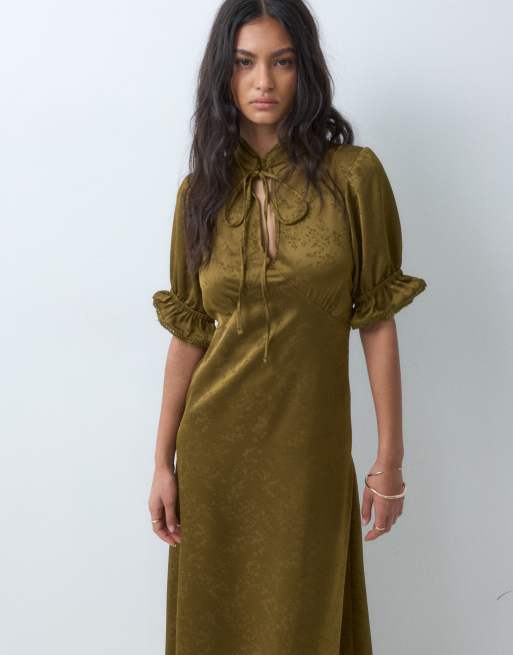 Miss Selfridge satijnen jacquard maxi jurk in olijfgroen, 5 van 5