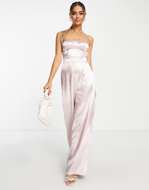 Miss Selfridge - Satijnen jumpsuit met wijde pijpen en korset met siersteentjes in beigeroze - view 1