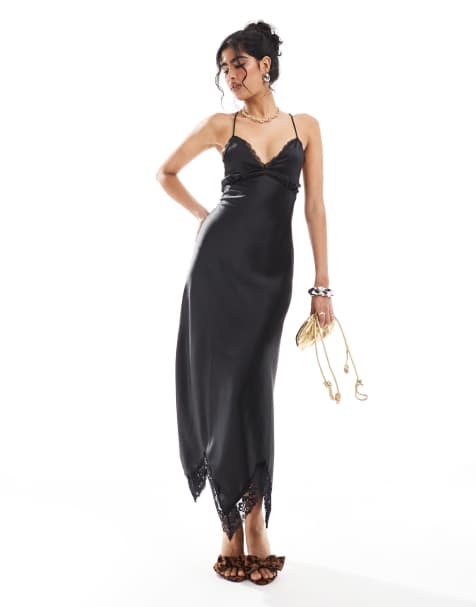 Miss Selfridge - Satijnen maxi jurk met kanten inzetstuk in zwart - view 1