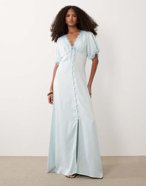 Miss Selfridge - Satijnen maxi jurk met kanten rand en knoopsluiting in blauw - view 1