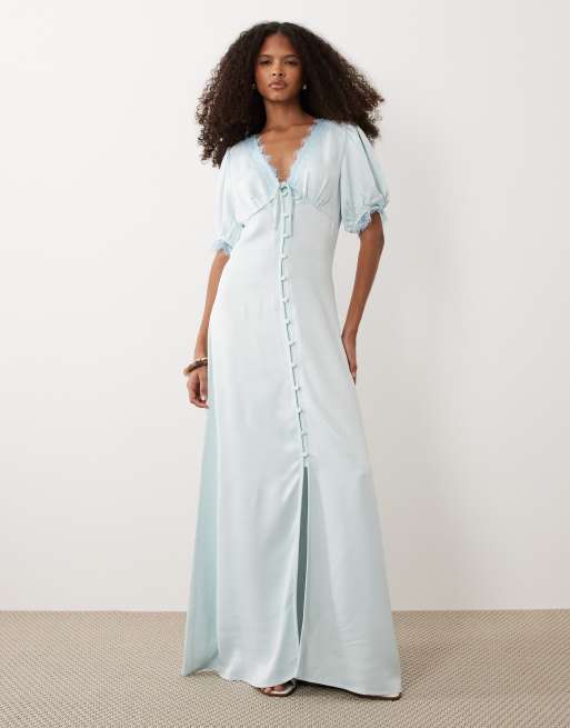 Miss Selfridge - Satijnen maxi jurk met kanten rand en knoopsluiting in blauw, 2 van 4