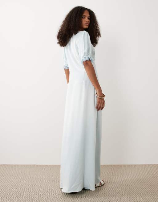 Miss Selfridge - Satijnen maxi jurk met kanten rand en knoopsluiting in blauw, 4 van 4