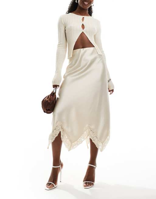 Miss Selfridge - Satijnen maxi rok met bies in crème