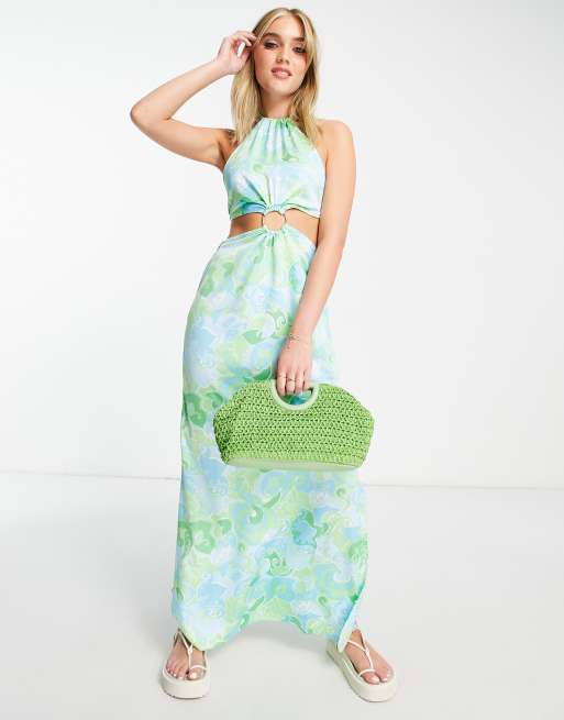 Miss Selfridge - Satijnen midi-jurk met uitsnijding met ringdetail in groene retro wervelprint