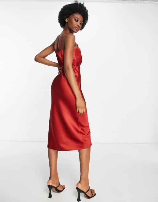 Miss Selfridge - Satijnen slipdress met uitsnijding in roestbruin, 2 van 4
