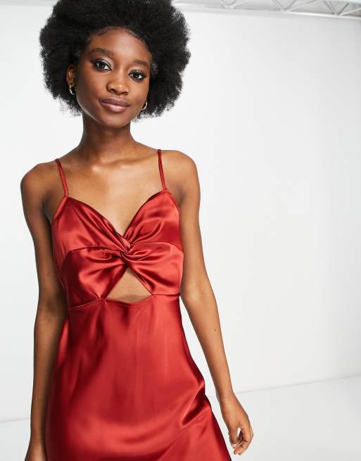 Miss Selfridge - Satijnen slipdress met uitsnijding in roestbruin, 3 van 4