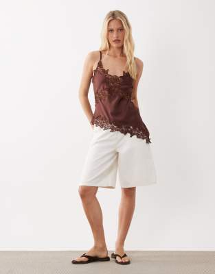 Miss Selfridge satin and lace asymmetric cami top in chocolate | ASOS