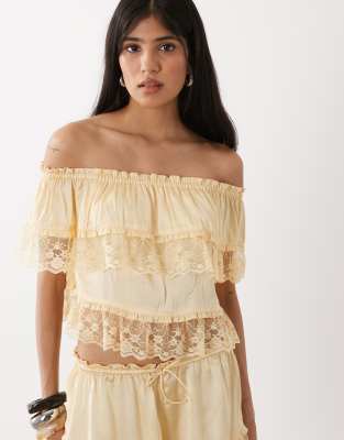 Miss Selfridge Satin And Lace Bardot Top In Animal Print