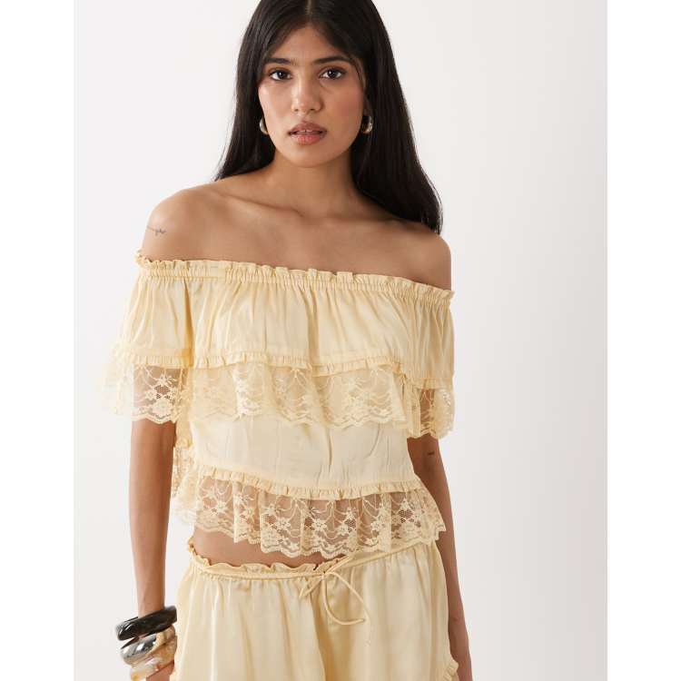 Miss Selfridge satin and lace bardot top in buttermilk - part of a