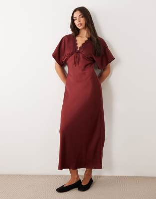 Miss Selfridge Satin And Lace Batwing Maxi Dress In Red