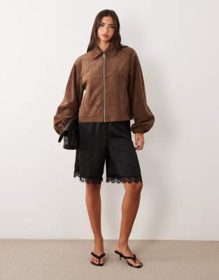 Miss Selfridge Satin And Lace Bermuda Short In Brown