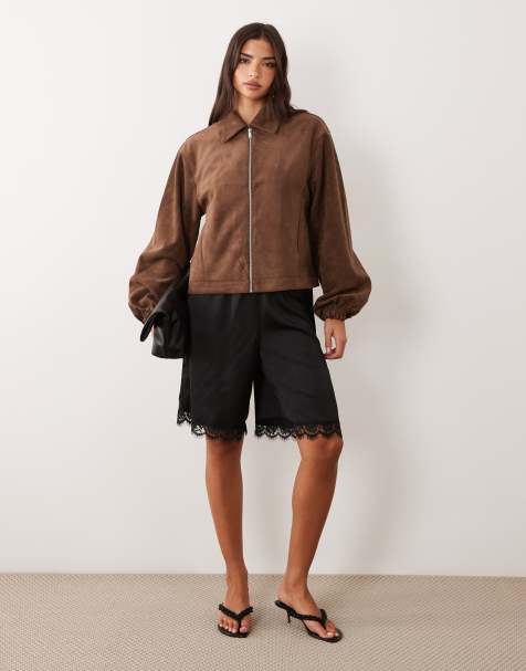 Miss Selfridge satin and lace bermuda short in black