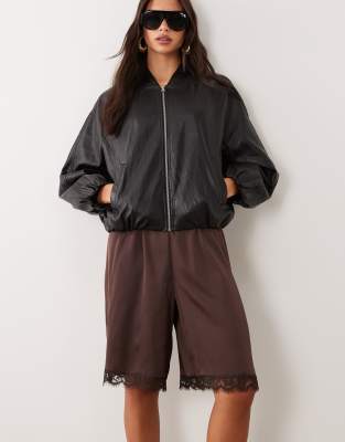 Miss Selfridge Satin And Lace Bermuda Short In Brown
