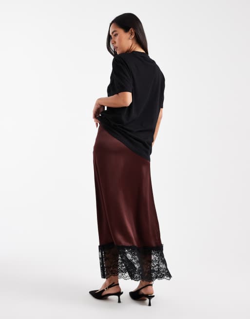 Miss Selfridge satin and lace bias cut maxi skirt in chocolate, 3 of 5