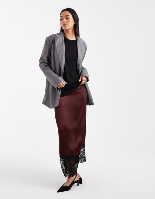 Miss Selfridge satin and lace bias cut maxi skirt in chocolate, 4 of 5