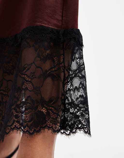 Miss Selfridge satin and lace bias cut maxi skirt in chocolate, 5 of 5