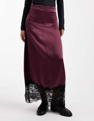 Miss Selfridge Satin And Lace Bias Cut Maxi Skirt In Purple