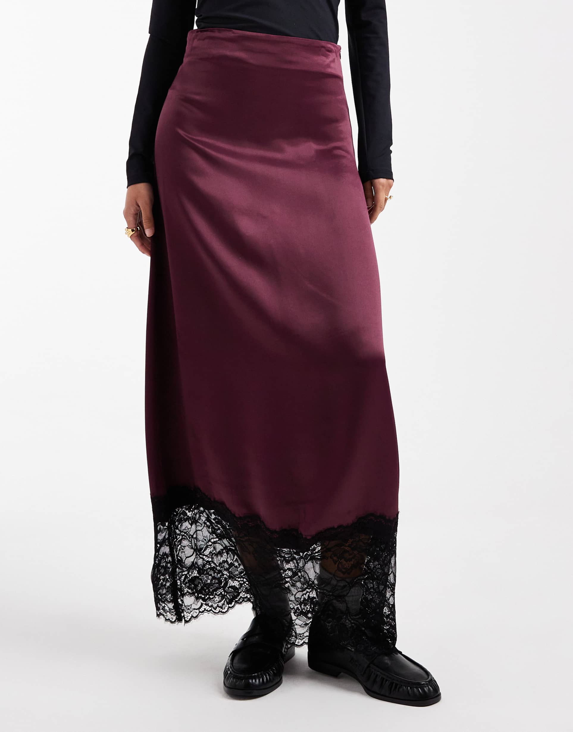 miss selfridge satin and lace bias maxi skirt in fig