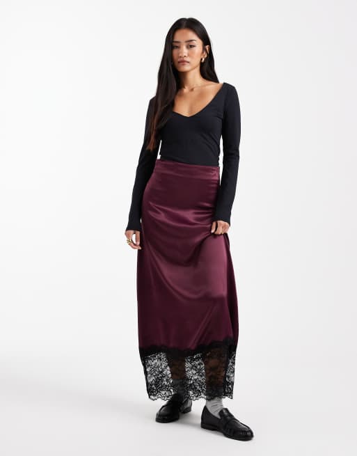 Miss Selfridge satin and lace bias maxi skirt in fig, 2 of 5