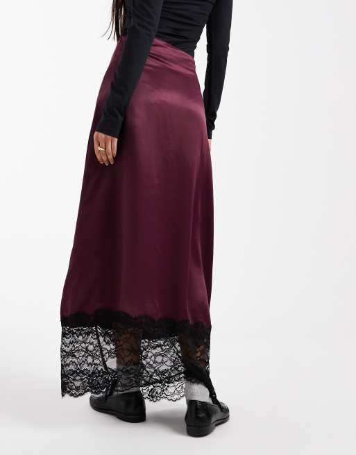 Miss Selfridge satin and lace bias maxi skirt in fig, 4 of 5